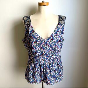 Anthropolohie Edme Esyllte Silk Floral Chiffon Beaded Epaulette Peplum Tank 14